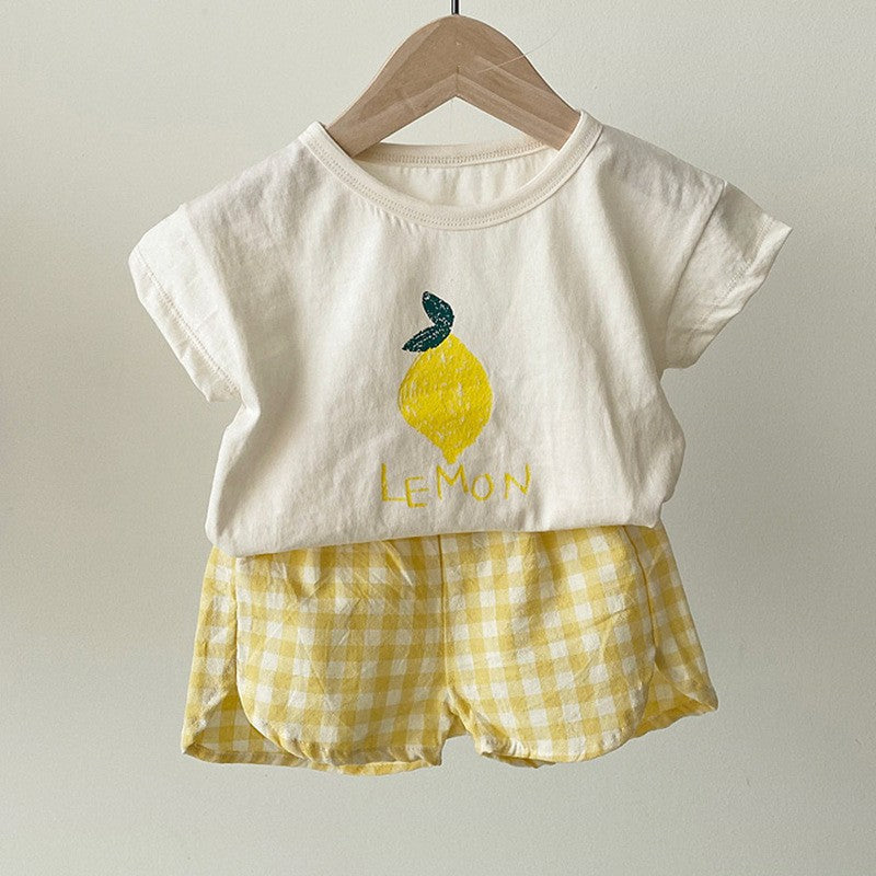 Summer Baby Kids Fruits Pattern Short Sleeves T-shirt and Plaid Shorts Clothing Set-2