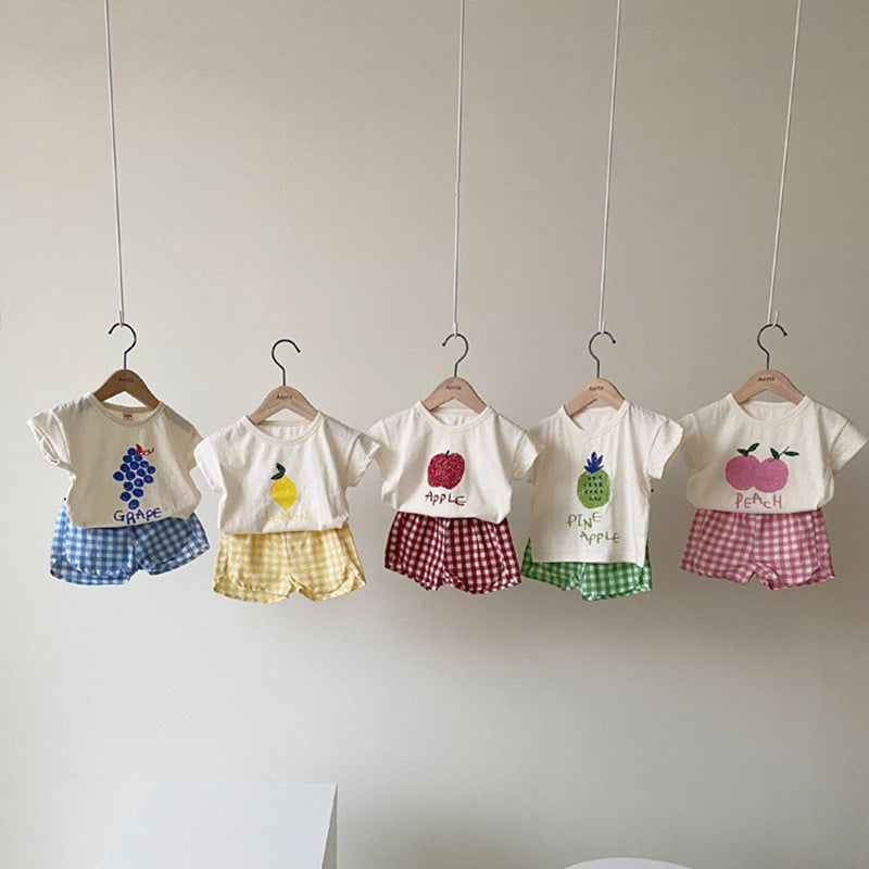 Summer Baby Kids Fruits Pattern Short Sleeves T-shirt and Plaid Shorts Clothing Set-0