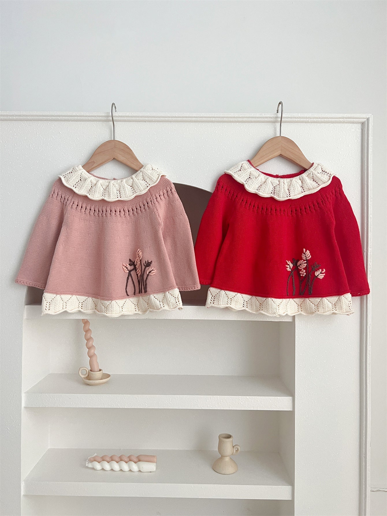 Autumn New Arrival Baby Kids Girls Comfortable Hollow-out Design Knitted Long Sleeves Top with Flowers Embroidery Pattern and Collar-0