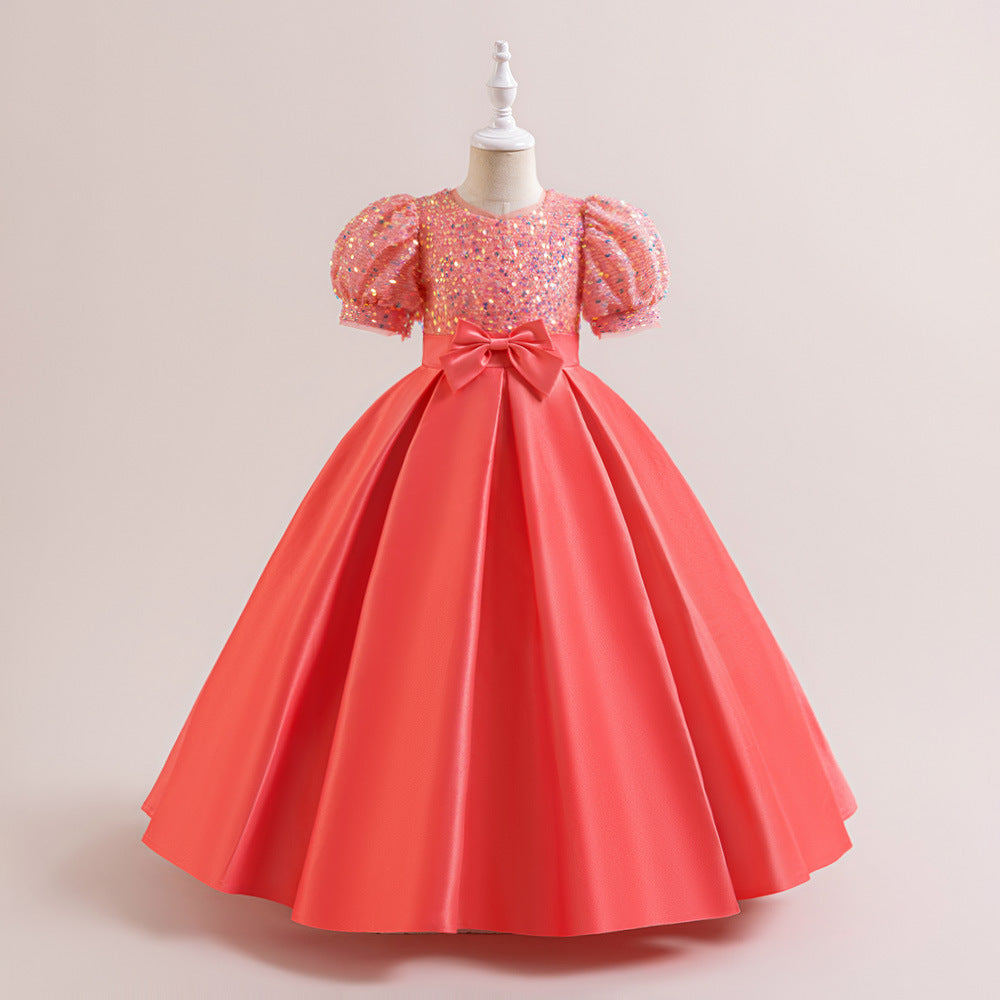 New Design Summer Baby Kids Girls Short Sleeves Glistening Sequin Festival Dress-7
