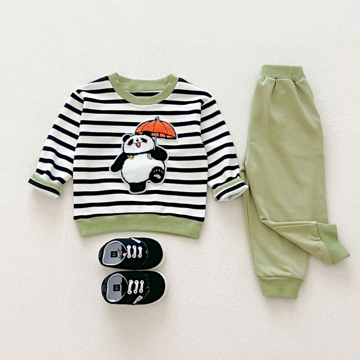 Casual and Versatile Two-Piece Set: Round Neck Striped Top and Green Pants for Baby and Toddlers-0