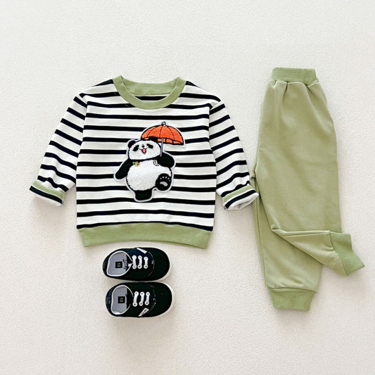 Casual and Versatile Two-Piece Set: Round Neck Striped Top and Green Pants for Baby and Toddlers-0