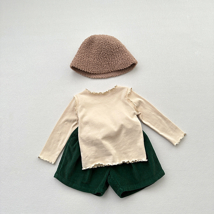 Girls Tops Spring And Autumn New Style Children’s Solid Color Long-Sleeved T-Shirts For Girls With Ear-Shaped Inner Bottoming Shirts-5