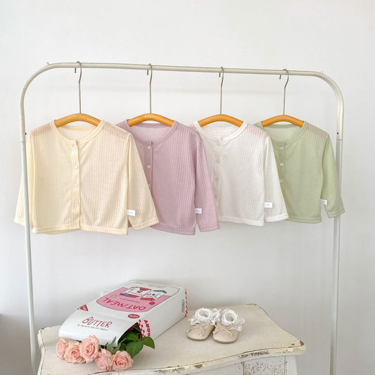 Summer Arrival Baby Girls Simple Long Sleeves Thin Knitted Top-0