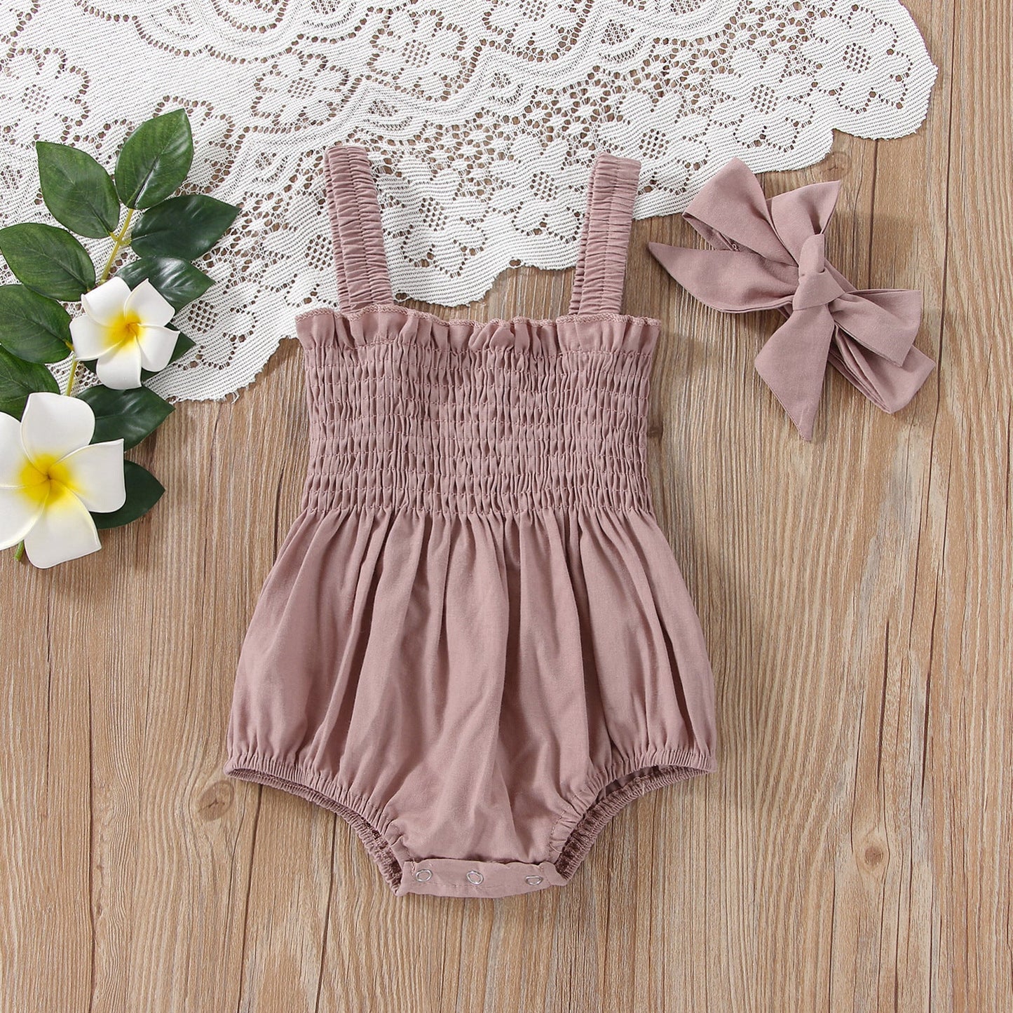 Baby Girls Solid Color Sleeveless Summer Shirred Bodysuit Onesies & Headband-5