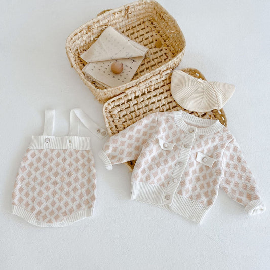 Baby Girl 2pcs Plaid Graphic Onesies & Cardigan Knitted Sets-0