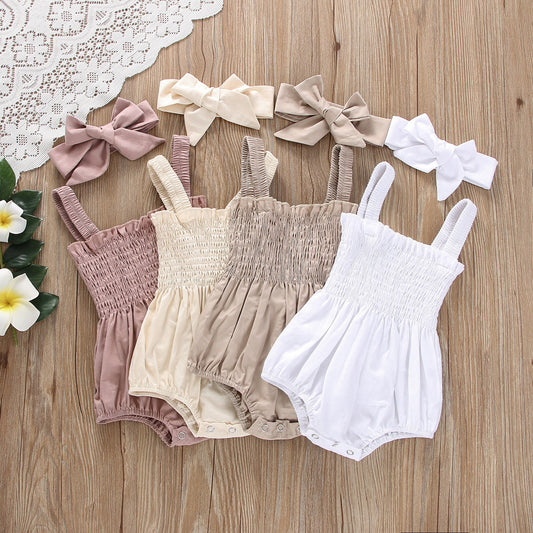 Baby Girls Solid Color Sleeveless Summer Shirred Bodysuit Onesies & Headband-0