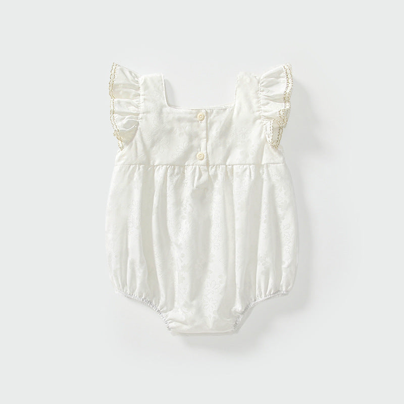 Summer Arrival Baby Girls Fly Sleeves Simple Lace Pattern Onesies-1