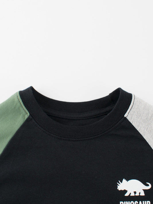 Spring Arrival Kids Dinosaur Logo Crew Neck Long Sleeves Color Patchwork Top-1