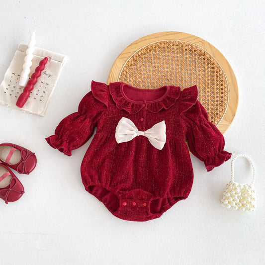 Autumn Arrival Baby Girls Long Sleeves Red Knitted Onesies-1