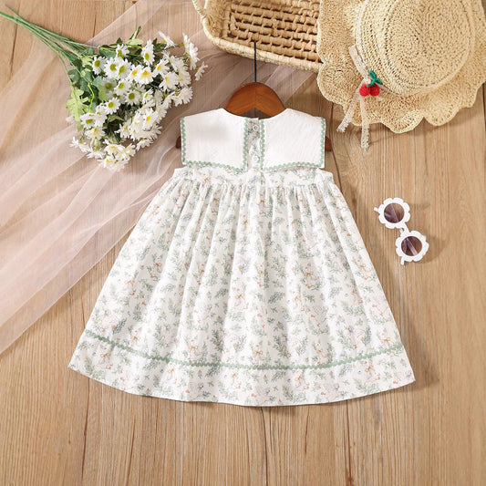 Summer Baby Kids Girls Sleeveless Floral Dress with Embroidery Collar-1