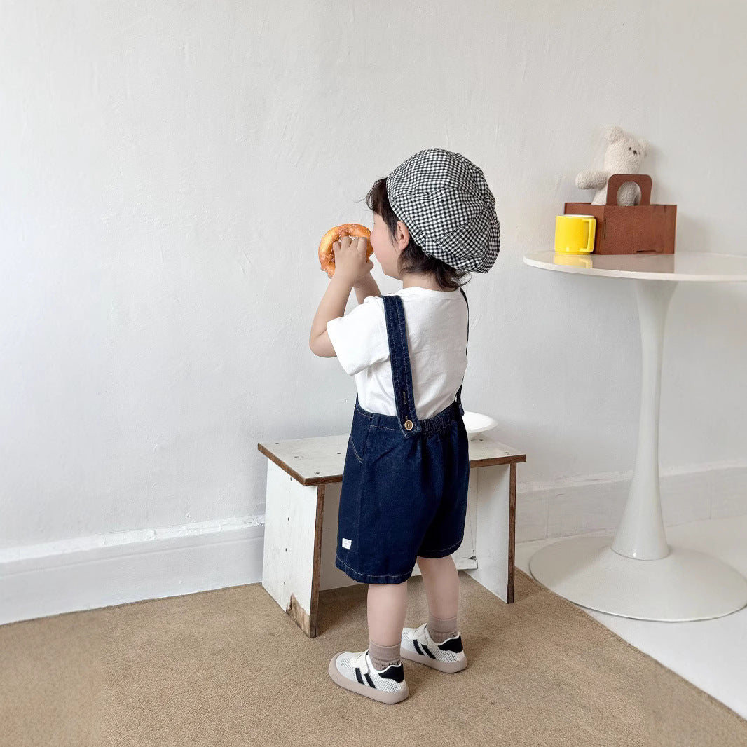 Summer Arrival Baby Kids Unisex Sleeveless Solid Color Denim Strap Overalls and White T-Shirt Clothing Set-2