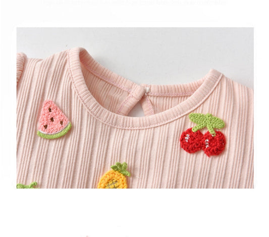 Baby Girls Fruit Embroidered Graphic Lace Sleeve Onesies & Headband-1