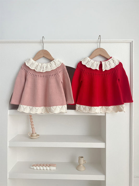 Autumn New Arrival Baby Kids Girls Comfortable Hollow-out Design Knitted Long Sleeves Top with Flowers Embroidery Pattern and Collar-1