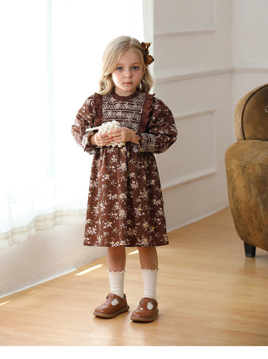 Design Autumn Girls Vintage Floral Long Puff Sleeves Ruffle Neck Dress-1