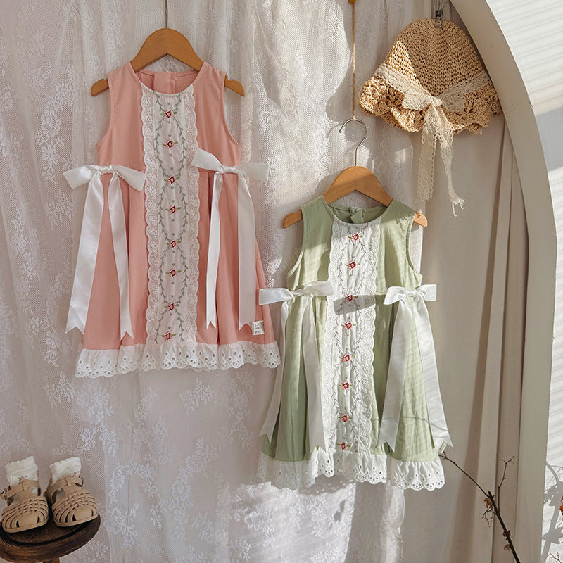 Summer Arrival Baby Kids Girls Vintage Lace Sleeveless Flowers Pattern Dress-0