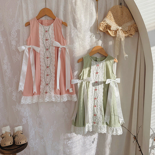 Summer Arrival Baby Kids Girls Vintage Lace Sleeveless Flowers Pattern Dress-0