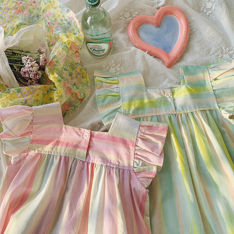 Summer Arrival Baby Kids Girls Fly Sleeves Striped Pattern Dress-4