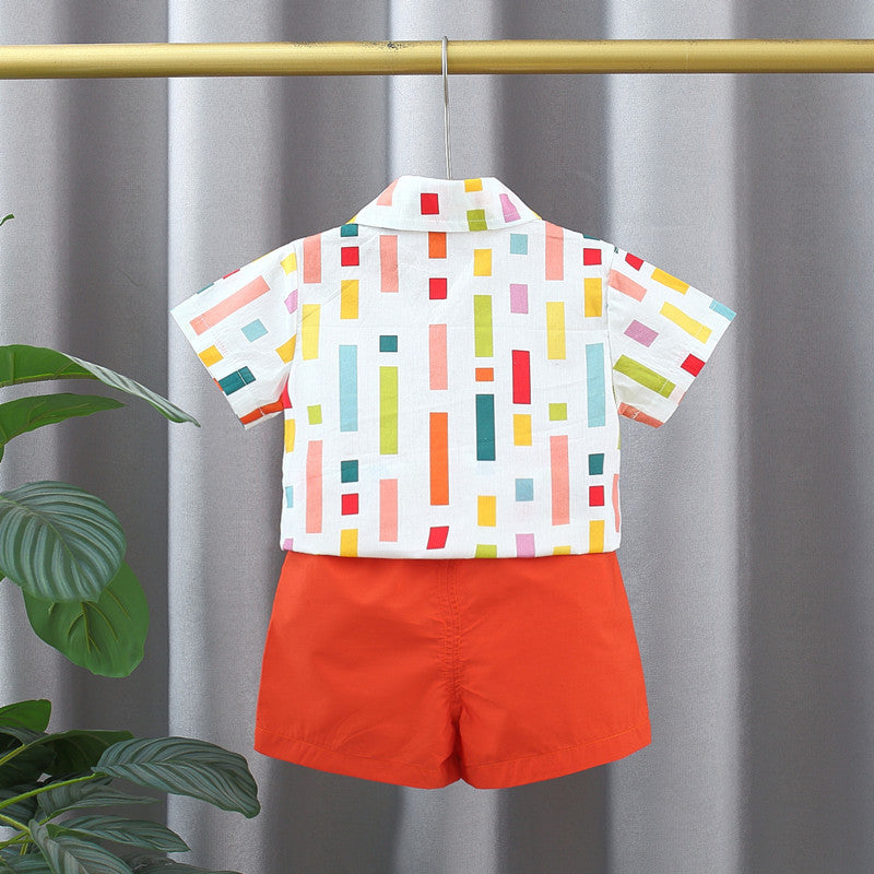 Summer Baby Kids Boys Colorful Striped Pattern Turn-Down Collar Short Sleeves Shirt And Orange Shorts English Clothing Set-3