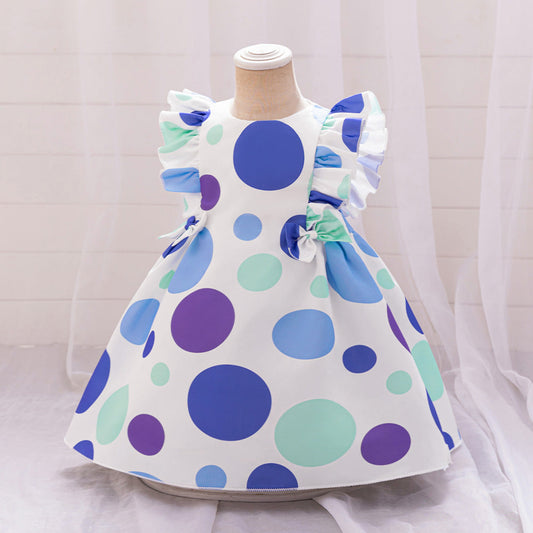Summer Baby Kids Girls Fly Sleeves Crew Neck Fashion Polka Dots Dress-0