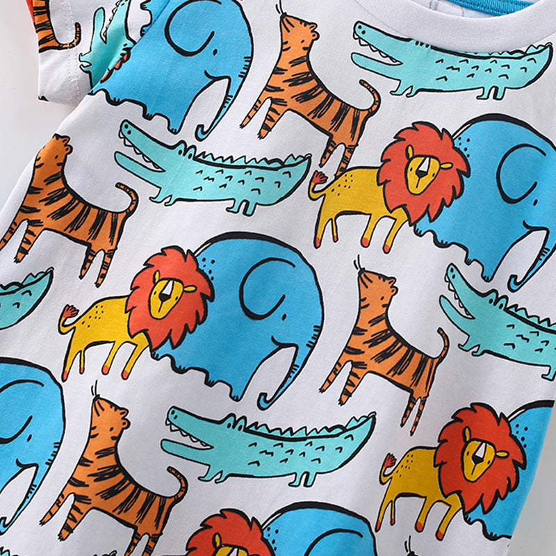 Summer Baby Kids Cartoon Lions and Elephants Pattern T-shirt and Shorts Clothing Set for Boys-2
