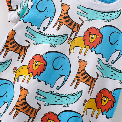 Summer Baby Kids Cartoon Lions and Elephants Pattern T-shirt and Shorts Clothing Set for Boys-2
