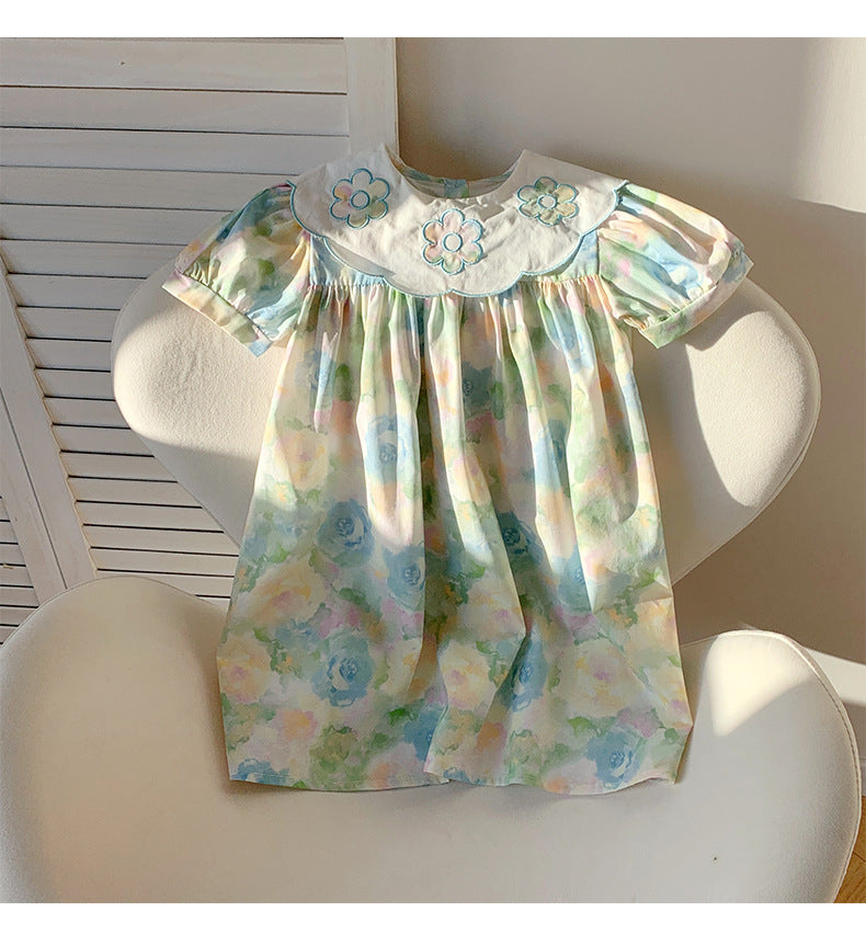 Summer Baby Kids Girls Short Sleeves Oil-Painting Flowers Pattern Dress-3