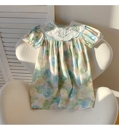 Summer Baby Kids Girls Short Sleeves Oil-Painting Flowers Pattern Dress-3