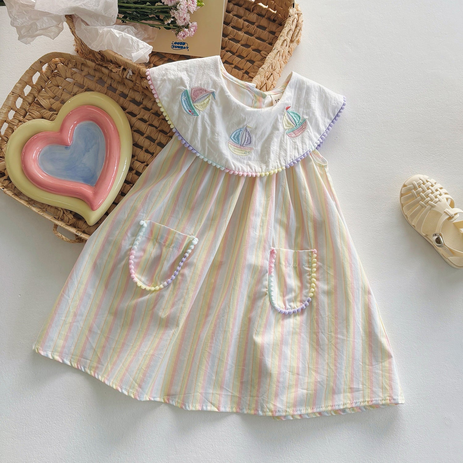 Summer Arrival Baby Kids Girls Sleeveless Boats Pattern Embroidered Striped Dress-3