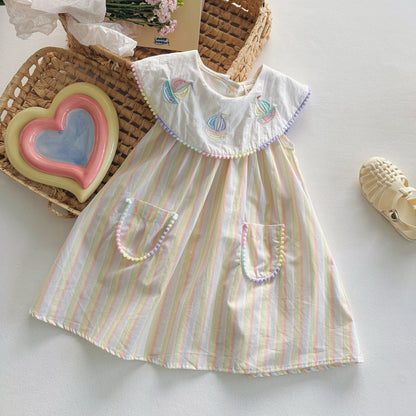 Summer Arrival Baby Kids Girls Sleeveless Boats Pattern Embroidered Striped Dress-3