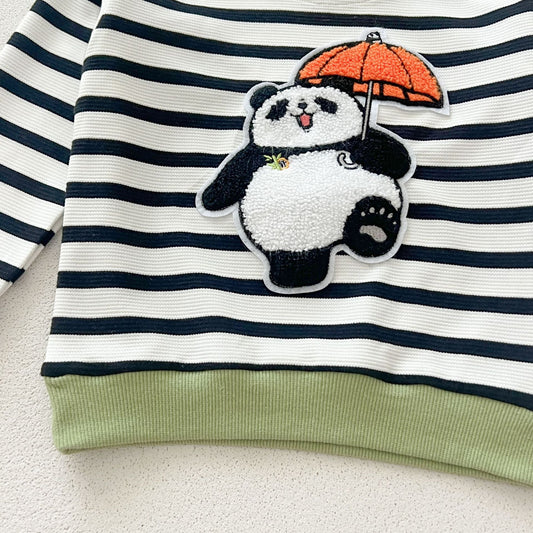Casual and Versatile Two-Piece Set: Round Neck Striped Top and Green Pants for Baby and Toddlers-1