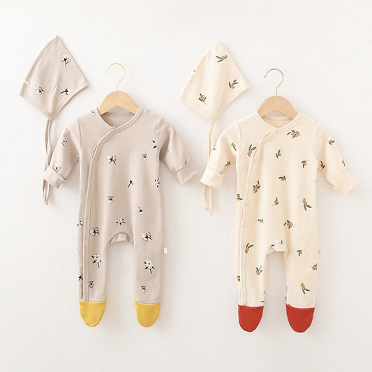 Baby Printed Graphic Side Button Design Long Sleeved Jumpsuit Romper Pajamas With Hat-1