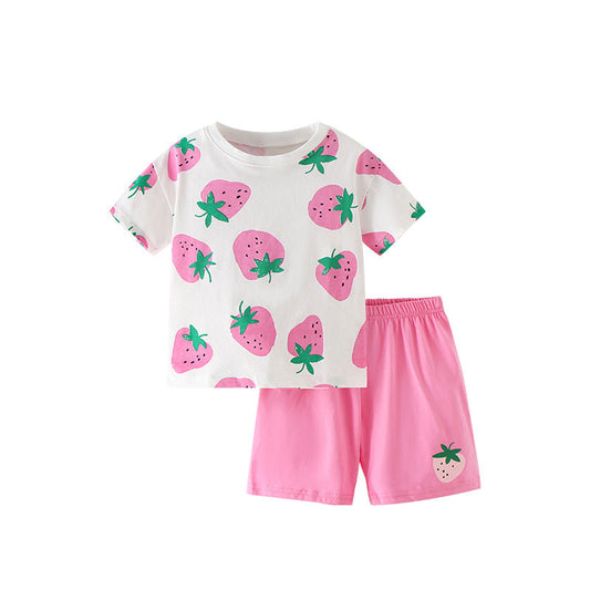 Summer Baby Kids Strawberry Fruits Pattern T-shirt and Shorts 2-Piece Clothing Set for Girls-0