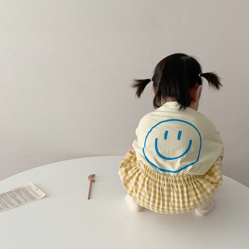 Summer Baby Kids Smiling Face Pattern T-shirt and Plaid Bloomers Clothing Set-1