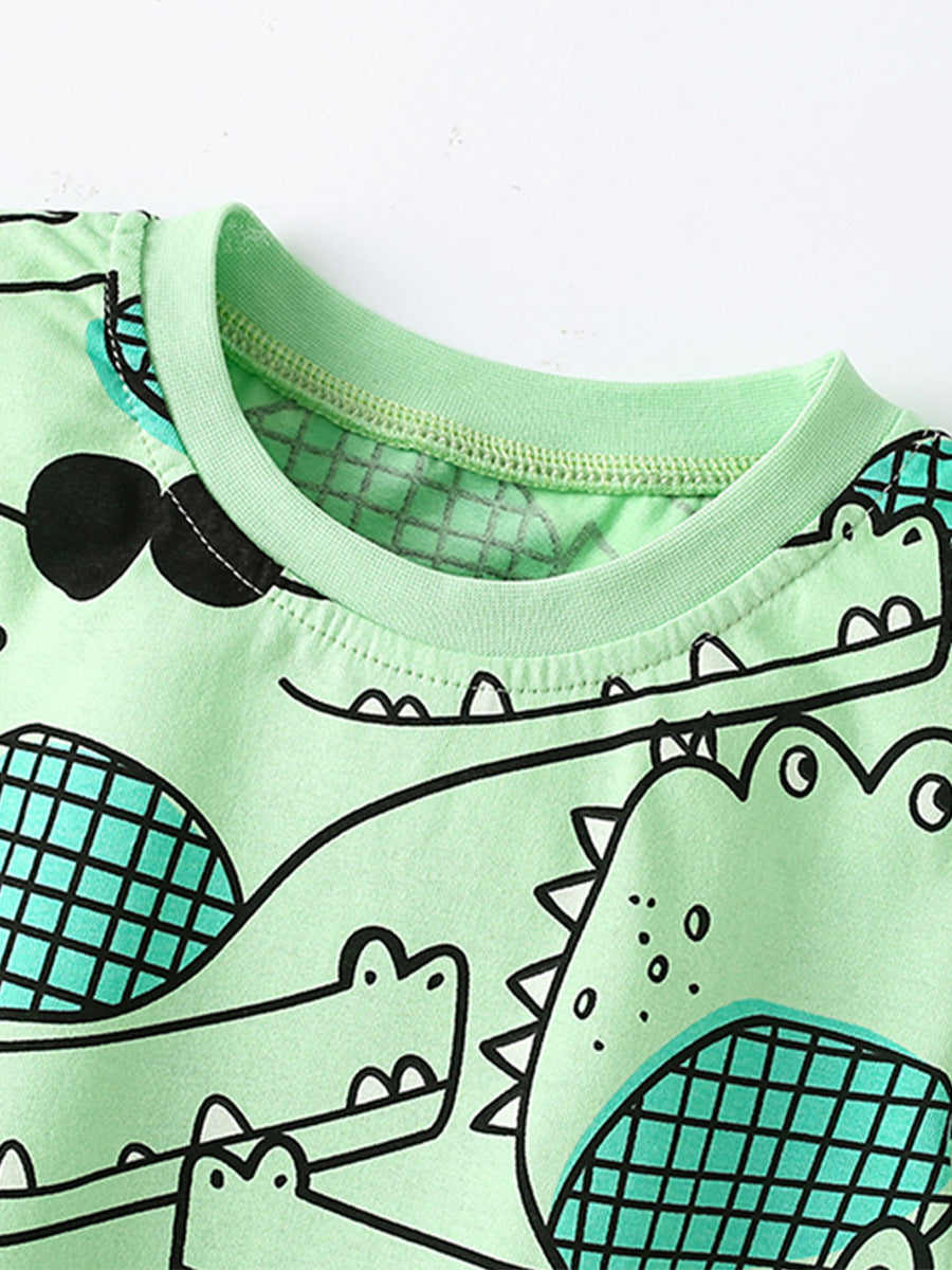 Summer Baby Kids Unisex Alligator Animals Cartoon Pattern Short Sleeves T-Shirt And Shorts Casual Clothing Set-1