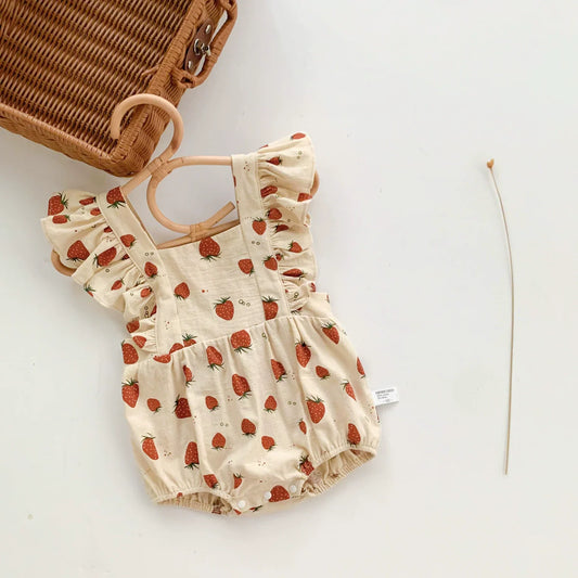 Summer Arrival Baby Girls Strawberry Pattern Sleeveless Onesies-1