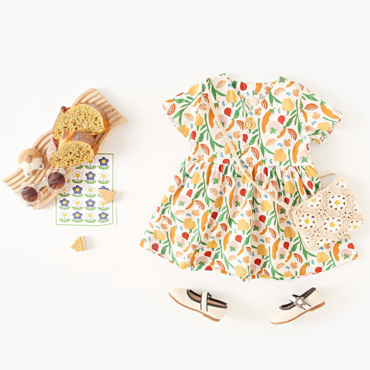 Summer New Arrival Baby Girls Casual Vegetable Print Short Sleeves V Neck Dress-1