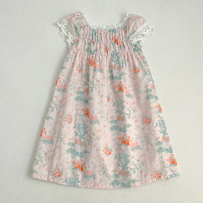 Summer New Arrival Girls’ Classic Lace Sleeves Square Neck Floral Pattern Dress-0