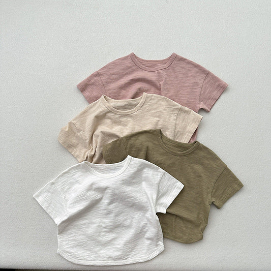 Summer New Arrival Kids Unisex Crew Neck Short Sleeves Thin Solid Color Loose Top Base T-Shirt-1