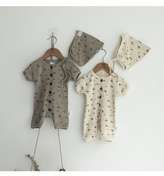 Baby 1pcs Allover Floral Graphic & Solid Single Breasted One PieceJumpsuit-1
