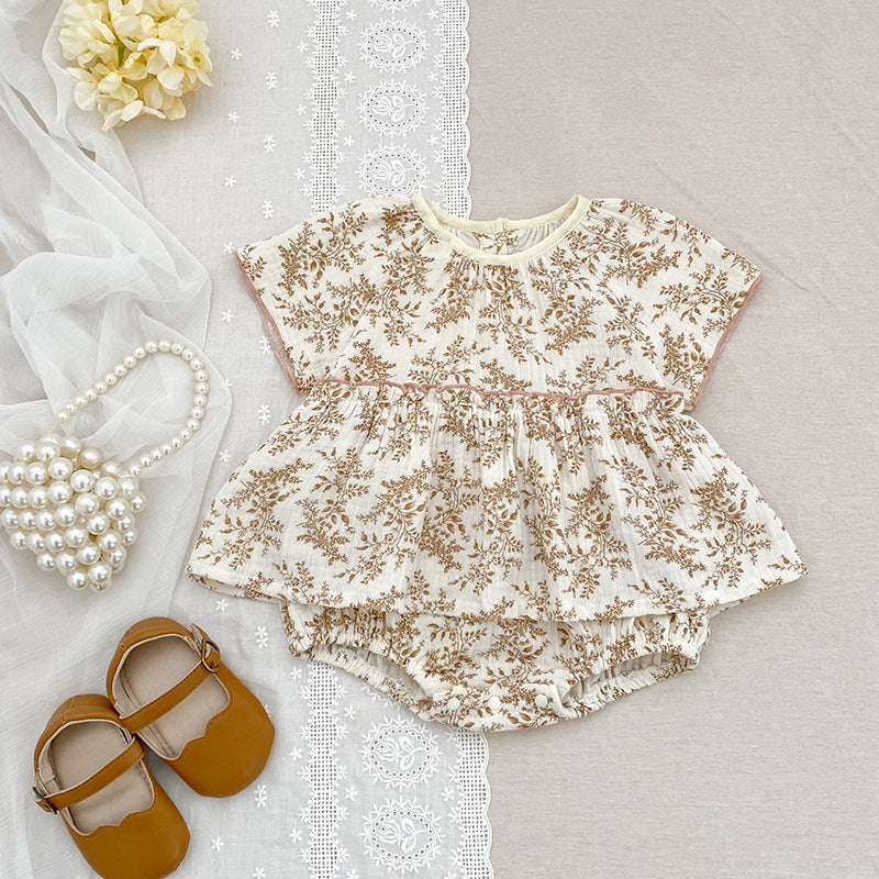 Summer Arrival Thin Floral Pattern Short Sleeves Crew Neck Onesies for Stylish Girls
