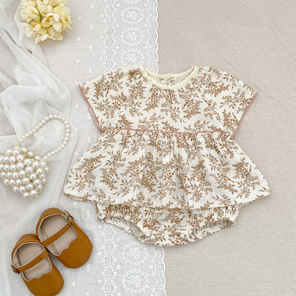 Summer Arrival Thin Floral Pattern Short Sleeves Crew Neck Onesies for Stylish Girls