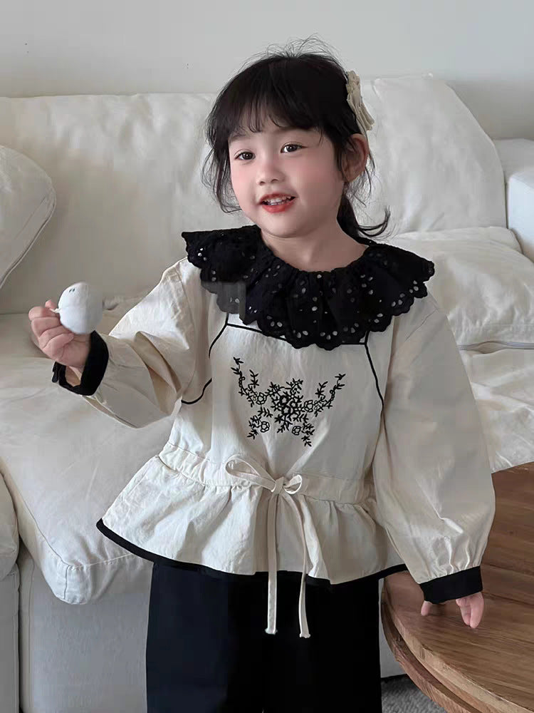 Arrival Autumn Baby Girls Long Sleeves Vine Embroidery Pattern Top and Solid Color Trousers – Clothing Set-0