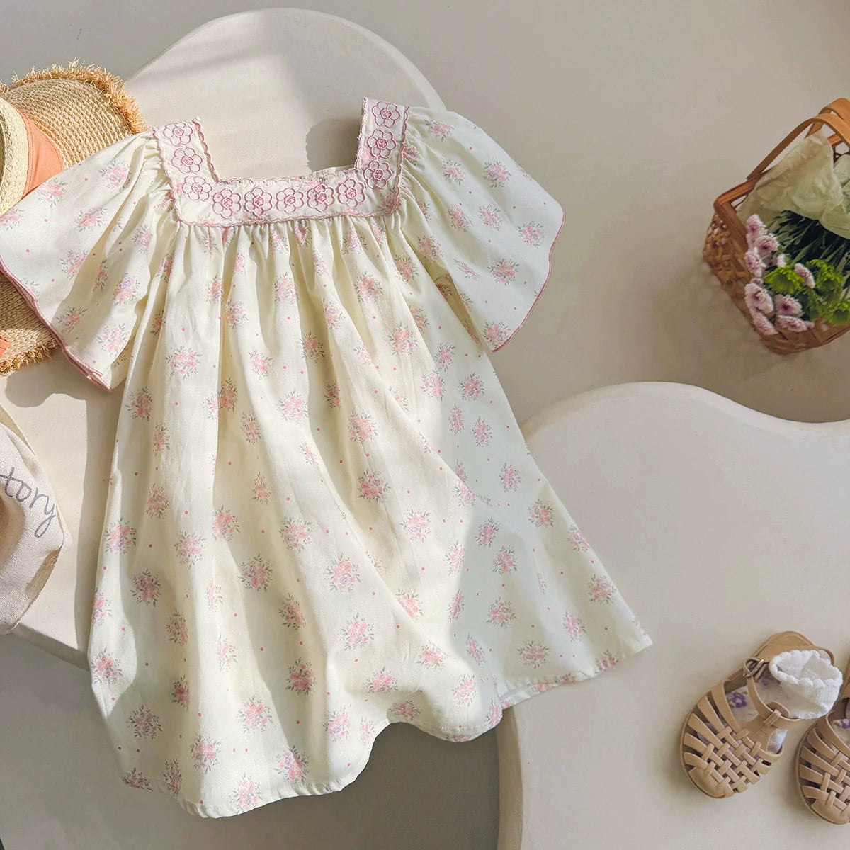 Summer Baby Kids Girls Short Sleeves Square Neck Flowers Pattern Printed Dress-1