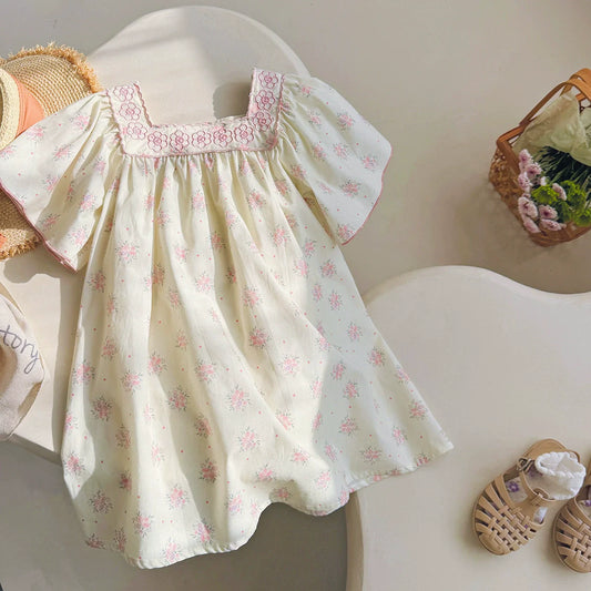 Summer Baby Kids Girls Short Sleeves Square Neck Flowers Pattern Printed Dress-1