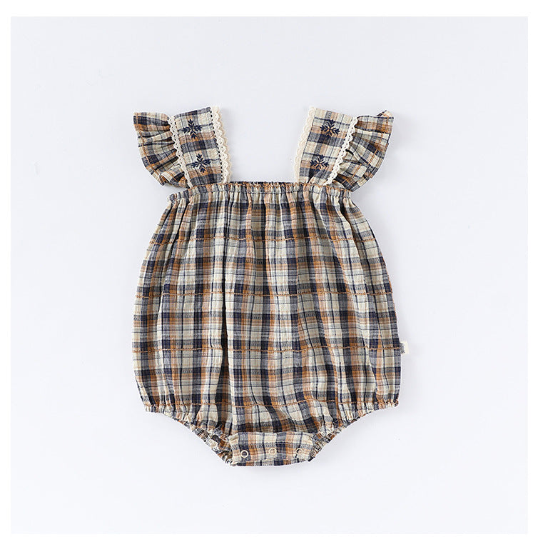 Summer Arrival Baby Girls Sleeveless Plaid Design Onesies Bodysuits-1