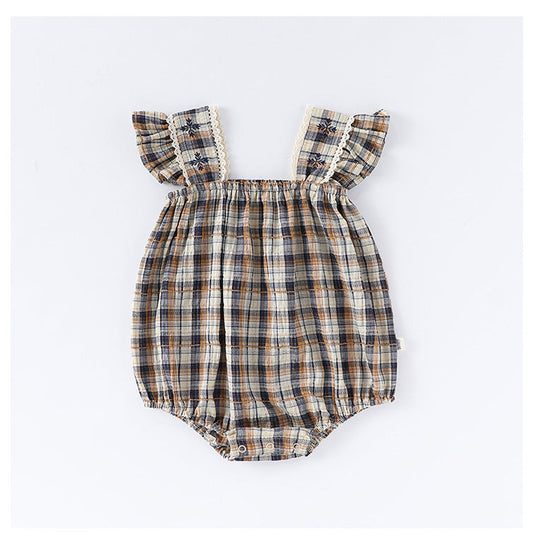 Summer Arrival Baby Girls Sleeveless Plaid Design Onesies Bodysuits-1