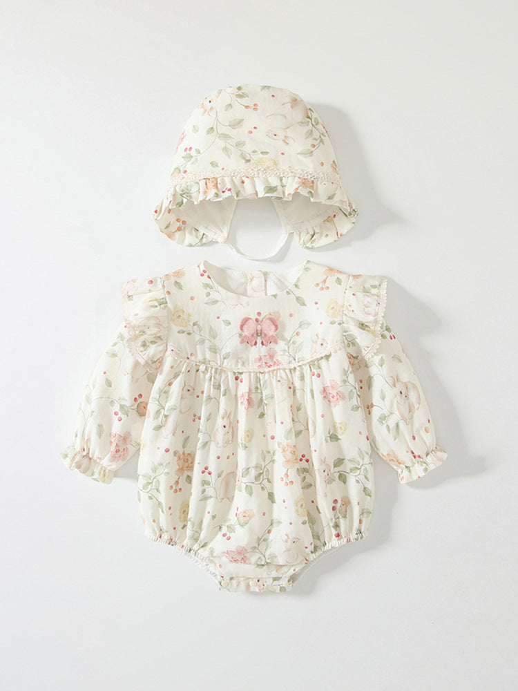 Spring Arrival Baby Girls Flowers Pattern Long Sleeved Onesies with Hat-1