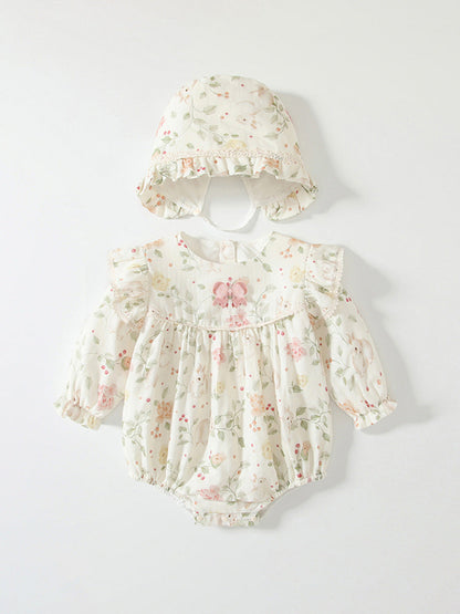 Spring Arrival Baby Girls Flowers Pattern Long Sleeved Onesies with Hat-1