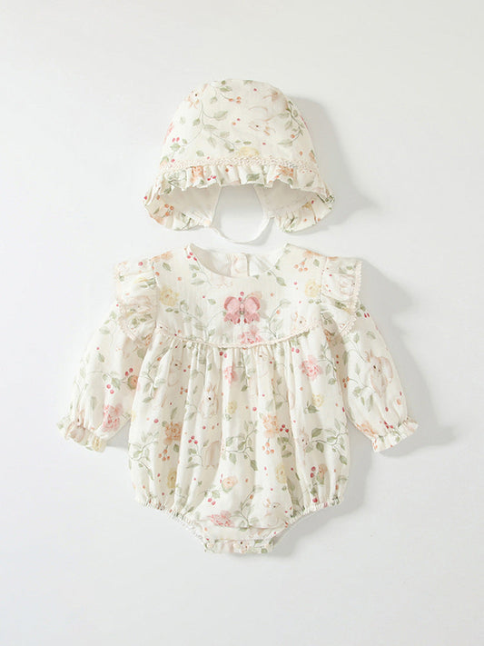 Spring Arrival Baby Girls Flowers Pattern Long Sleeved Onesies with Hat-1